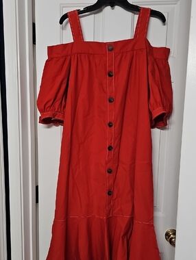 Derek Lam Red Off-Shoulder Button-Front Midi Dress